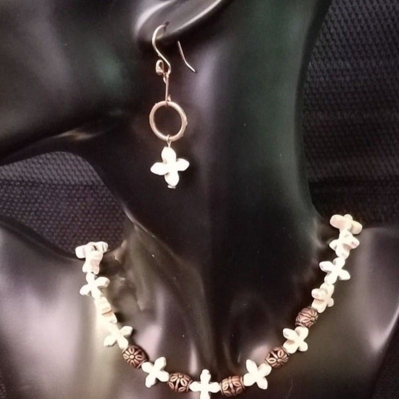 White cross and copper bead necklace and earring set