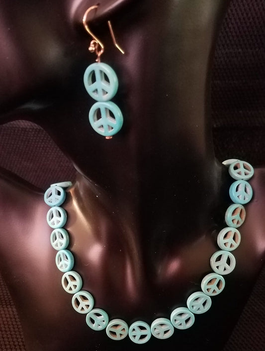 Howlite turquoise blue piece sign necklace and earring set