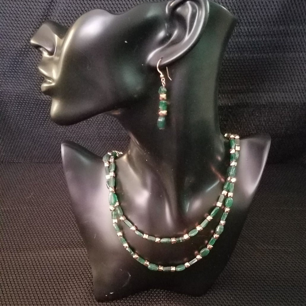 Green glass and copper necklace and earring set