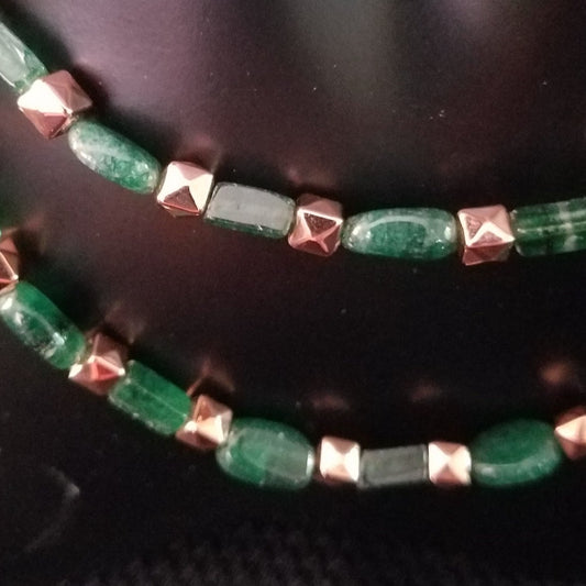 Green glass and copper necklace and earring set