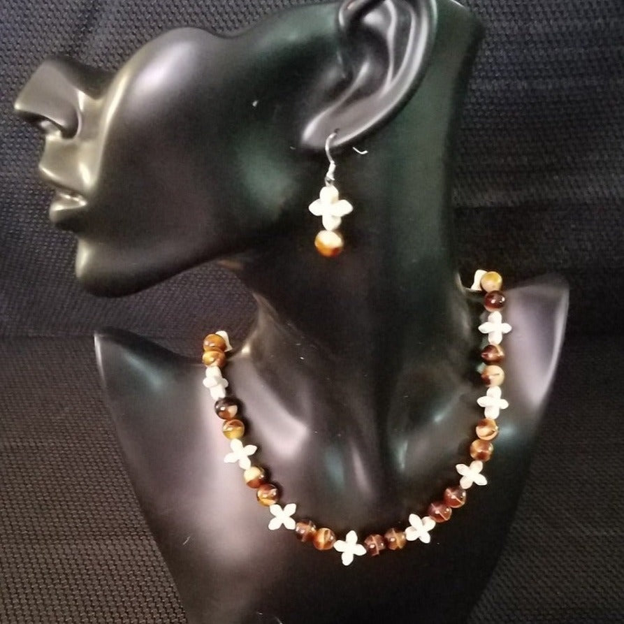 Brown glass beads and white cross necklace & earring set