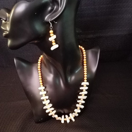 Peach pearl and shell necklace and earring set