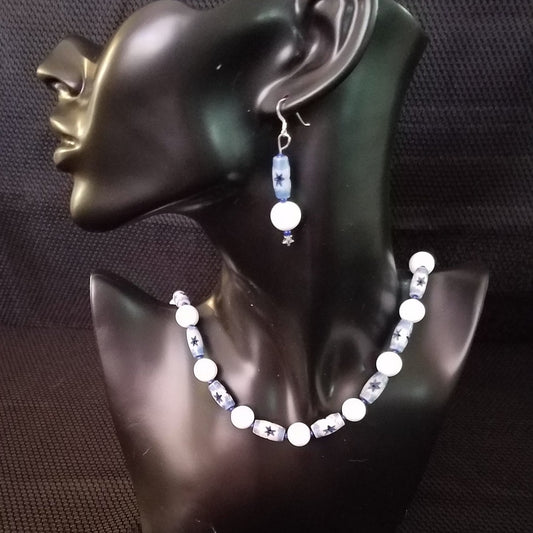 White Japanese beads with blue spacers necklace and earring set