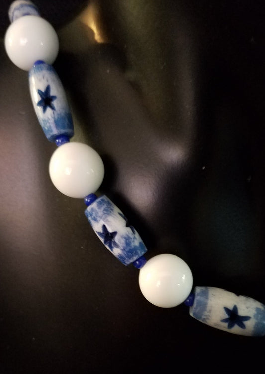 White Japanese beads with blue spacers necklace and earring set