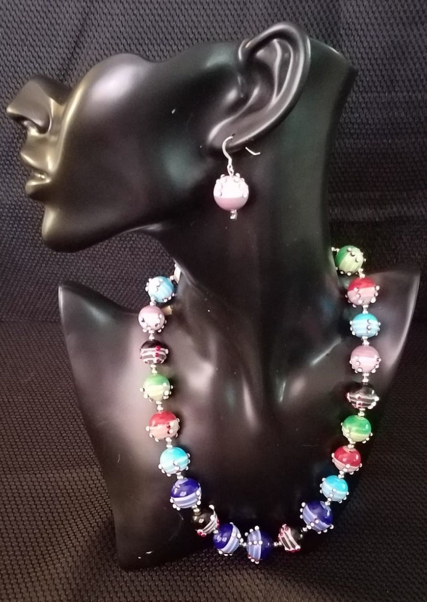 Large glass bead necklace and earring set