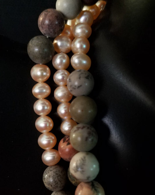 Brown Snowflake Jasper necklace with peach pearls and earring set, 50 inches