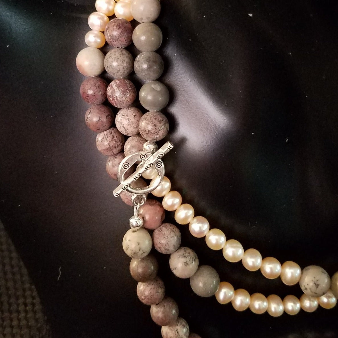 Brown Snowflake Jasper necklace with peach pearls and earring set, 50 inches