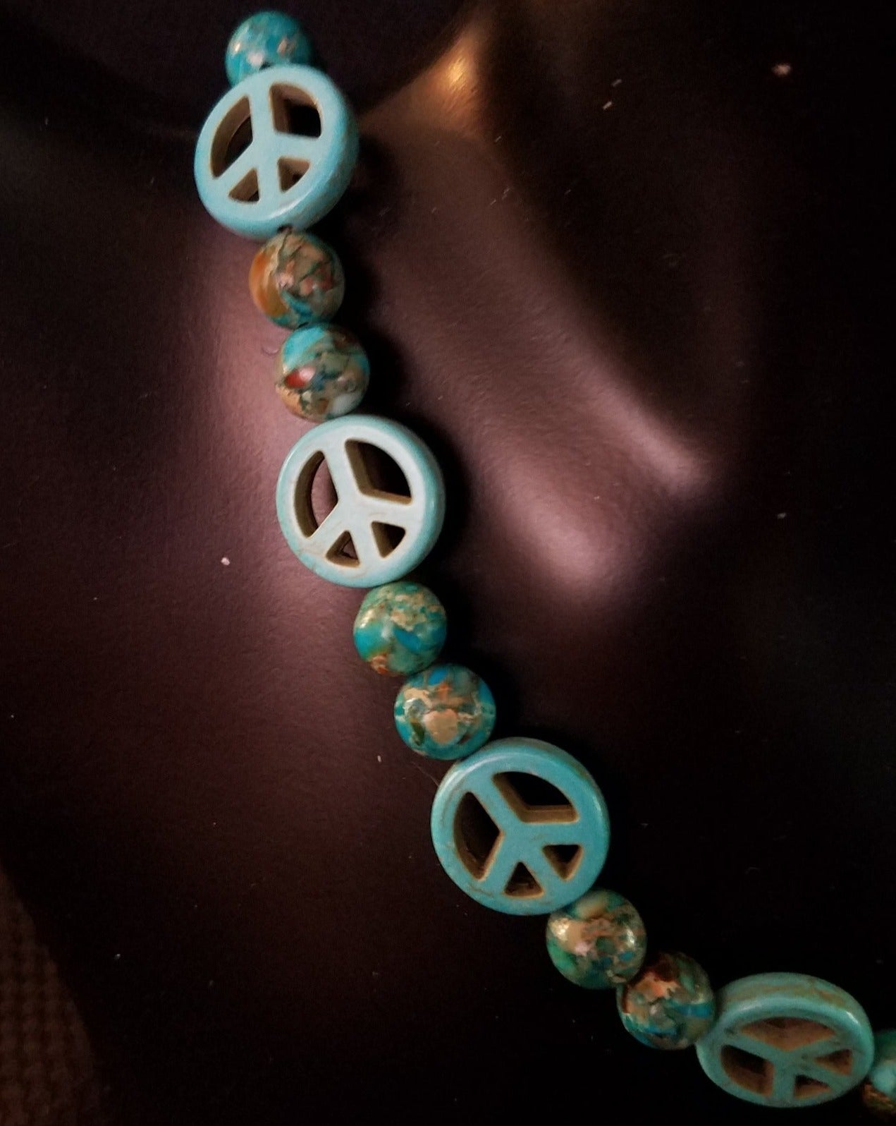 Blue piece sign Howlite bead necklace with Malachite, 19 inches