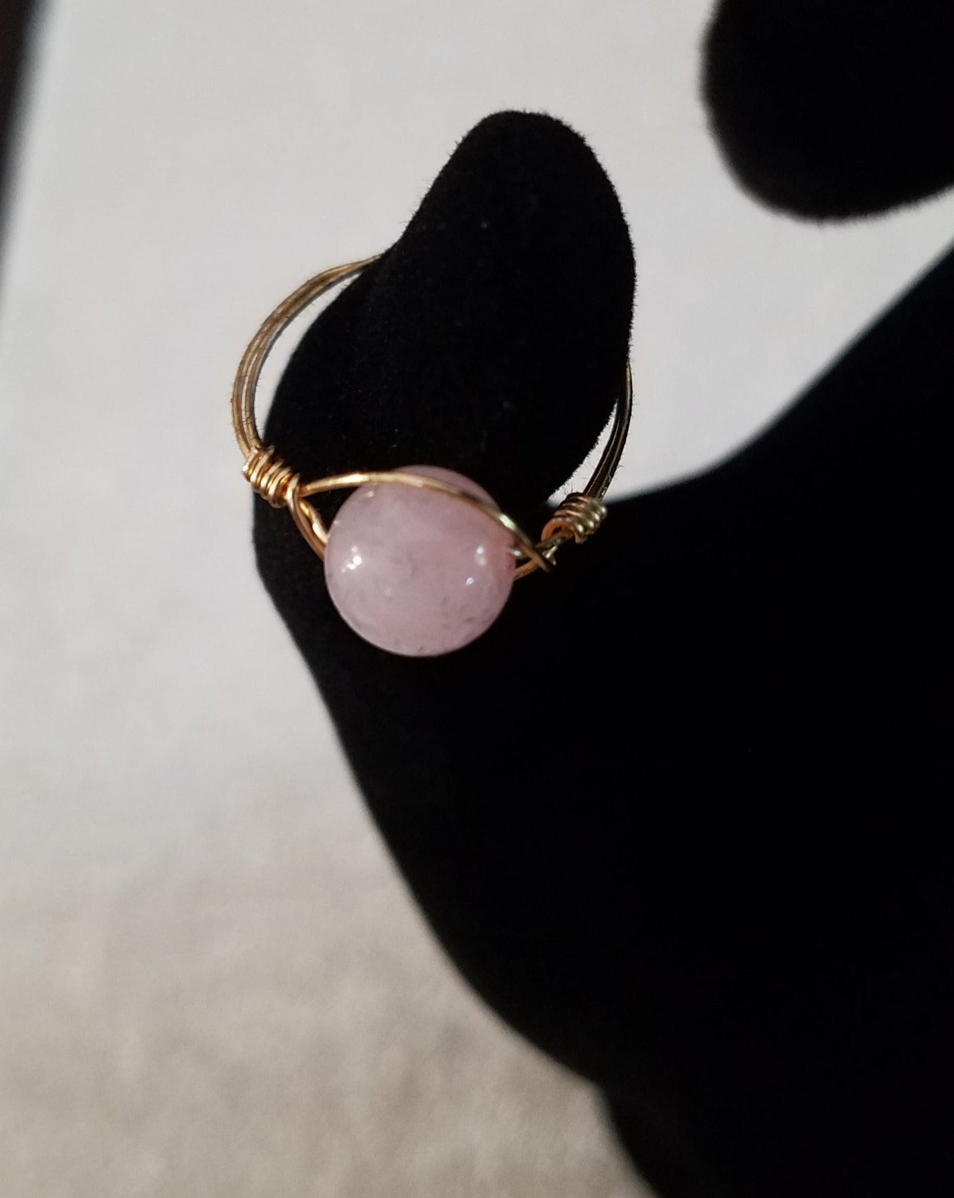 Pink Quartz gold wire wrapped ring, size 7