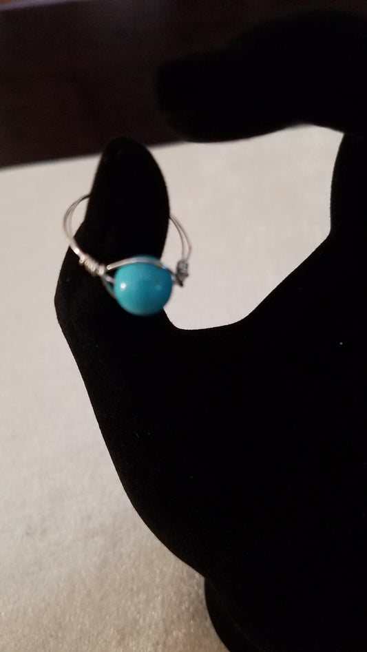 Turquoise silver wire wrapped ring, size 7