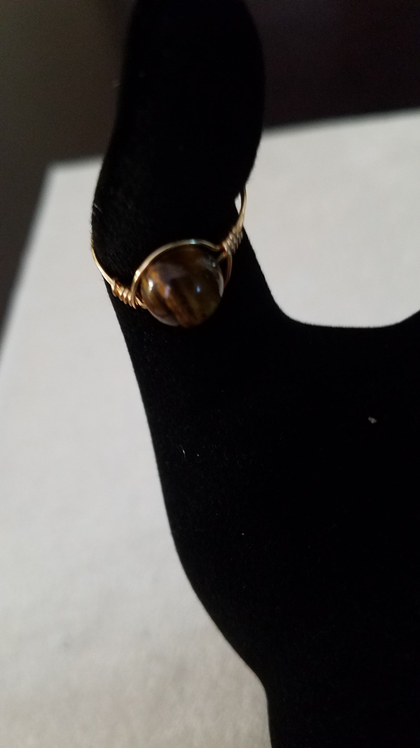 Tigers-eye gold wire wrapped ring, size 7