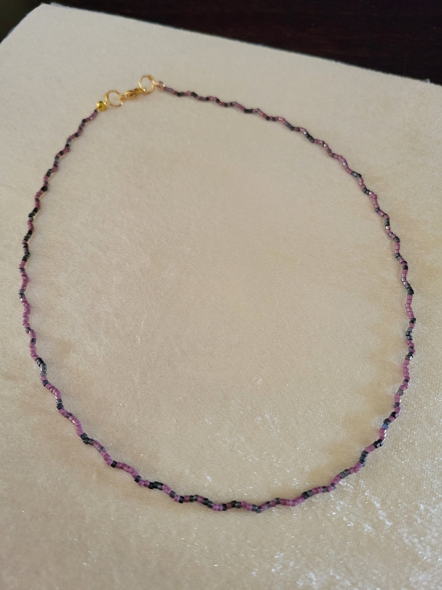 Gray and purple seed bead necklace on wacky wire, 18 inches