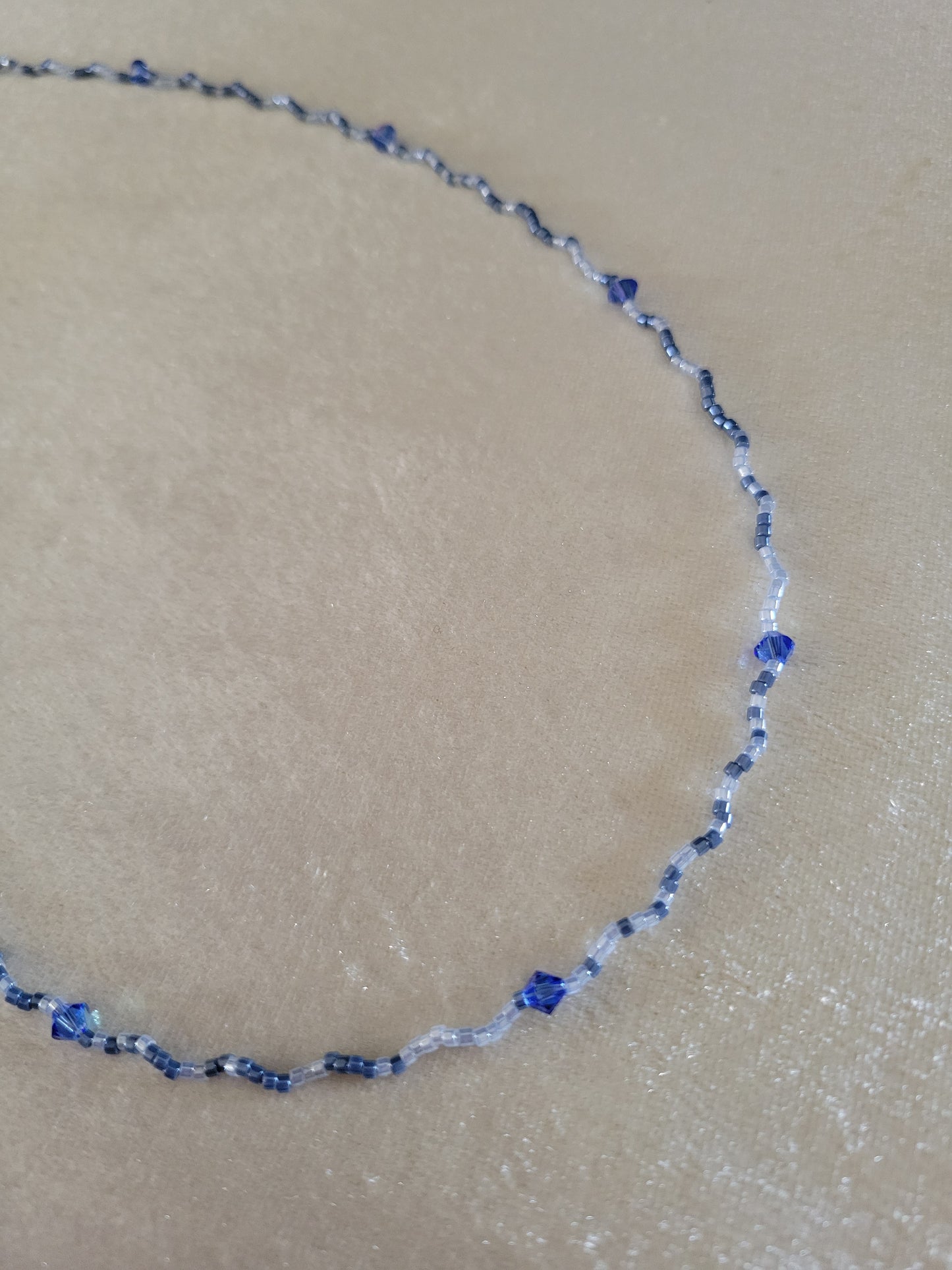 Slate blue and pearl blue seed bead necklace with Swarovski crystals, 20 inches