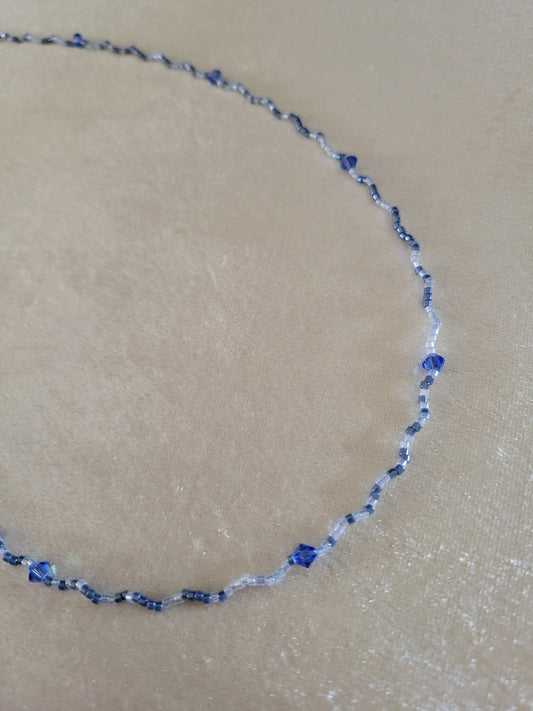 Slate blue and pearl blue seed bead necklace with Swarovski crystals, 20 inches