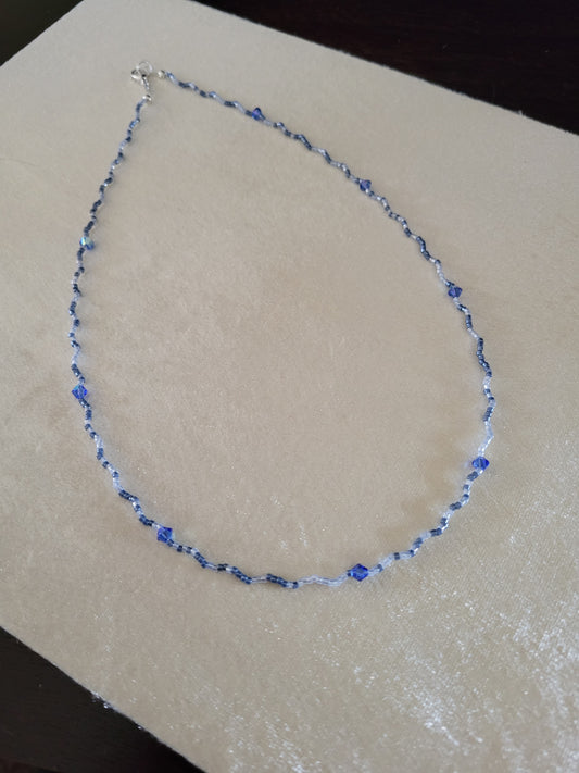 Slate blue and pearl blue seed bead necklace with Swarovski crystals, 20 inches