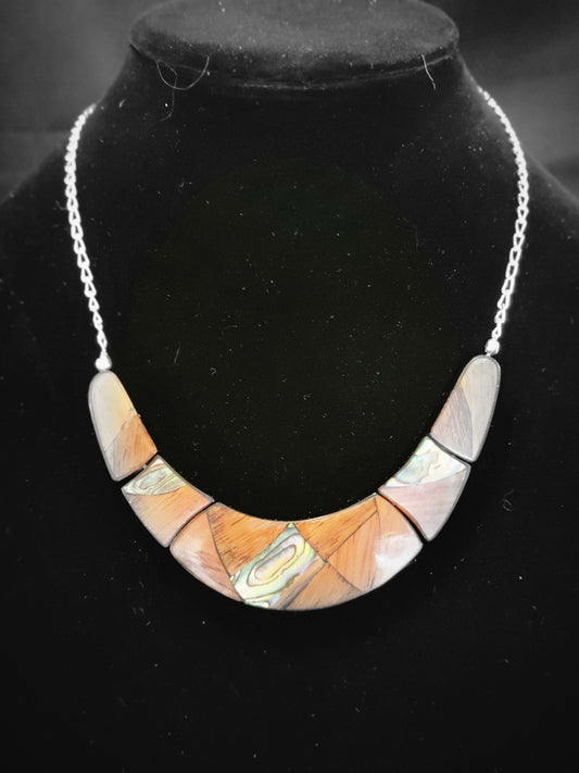 Wooden necklace with inlayed abalone shell, 17 inch