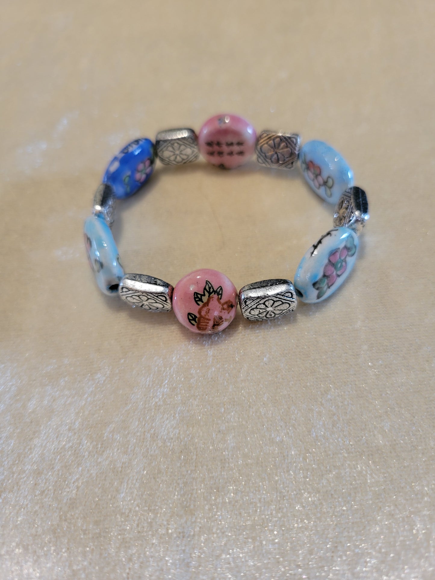 Pink and blue ceramic stone stretch bracelet, size 7.5