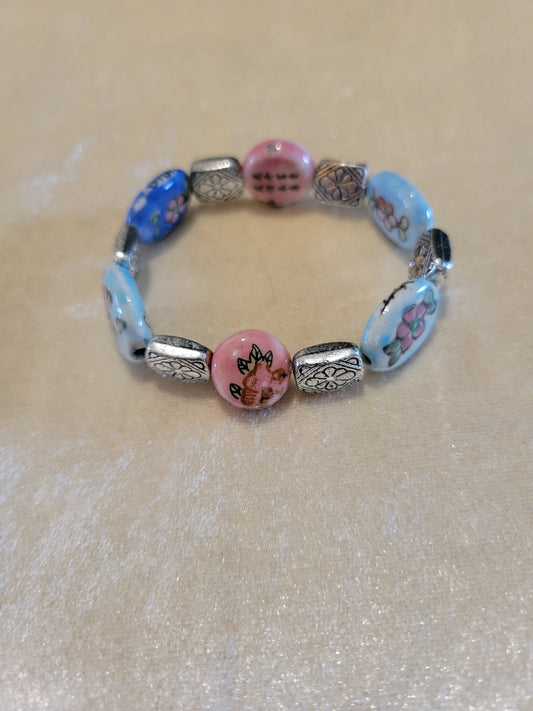 Pink and blue ceramic stone stretch bracelet, size 7.5