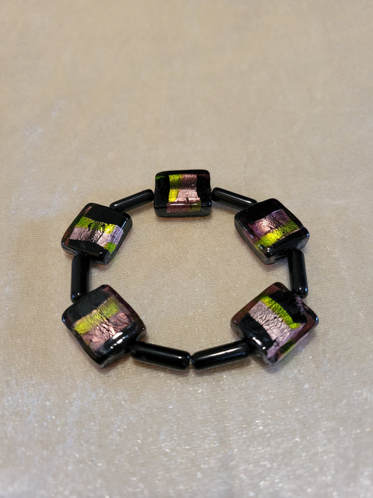 Black onyx and colored glass stretch bracelet, size 6