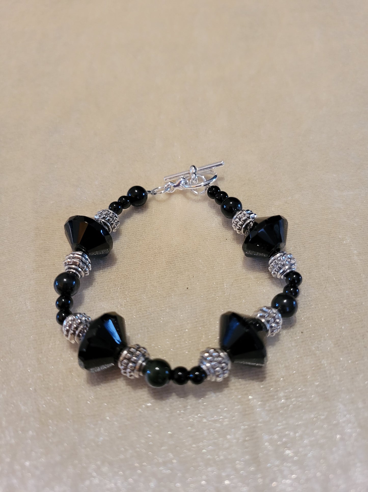 Black glass beads with antique silver spacer bracelet, size 6.5