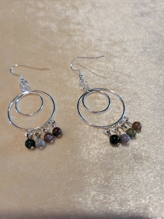 Silver tone circle earrings with jasper stones